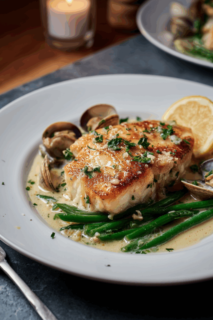 Marry Berry Poached Halibut with Clam and Crème Fraîche Sauce