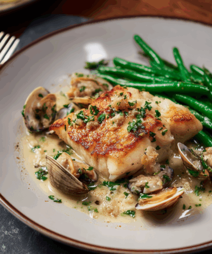 Marry Berry Poached Halibut with Clam and Crème Fraîche Sauce