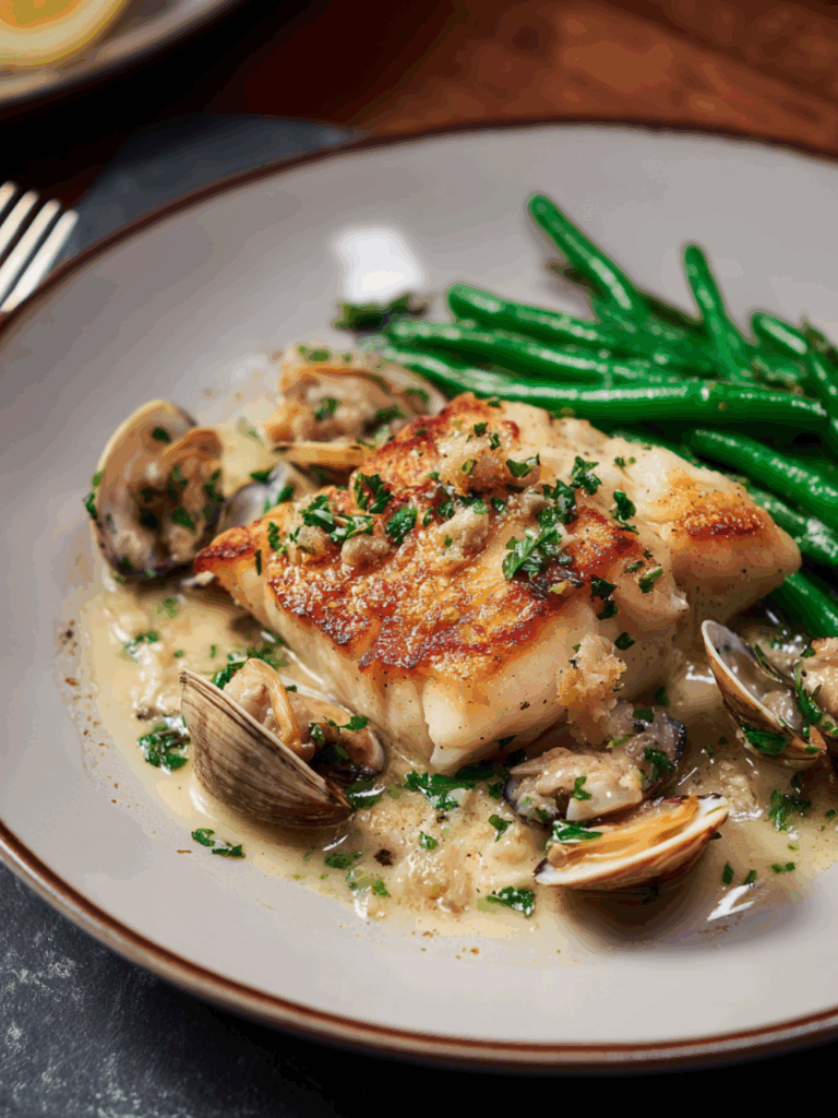 Marry Berry Poached Halibut with Clam and Crème Fraîche Sauce