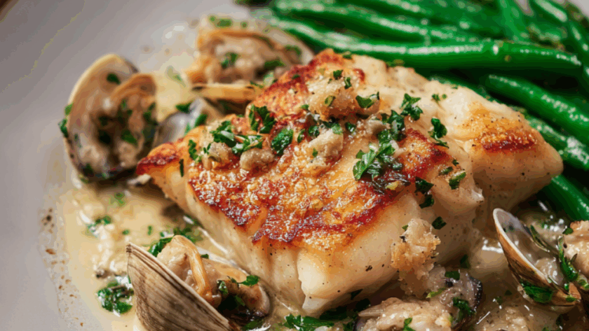 Marry Berry Poached Halibut with Clam and Crème Fraîche Sauce