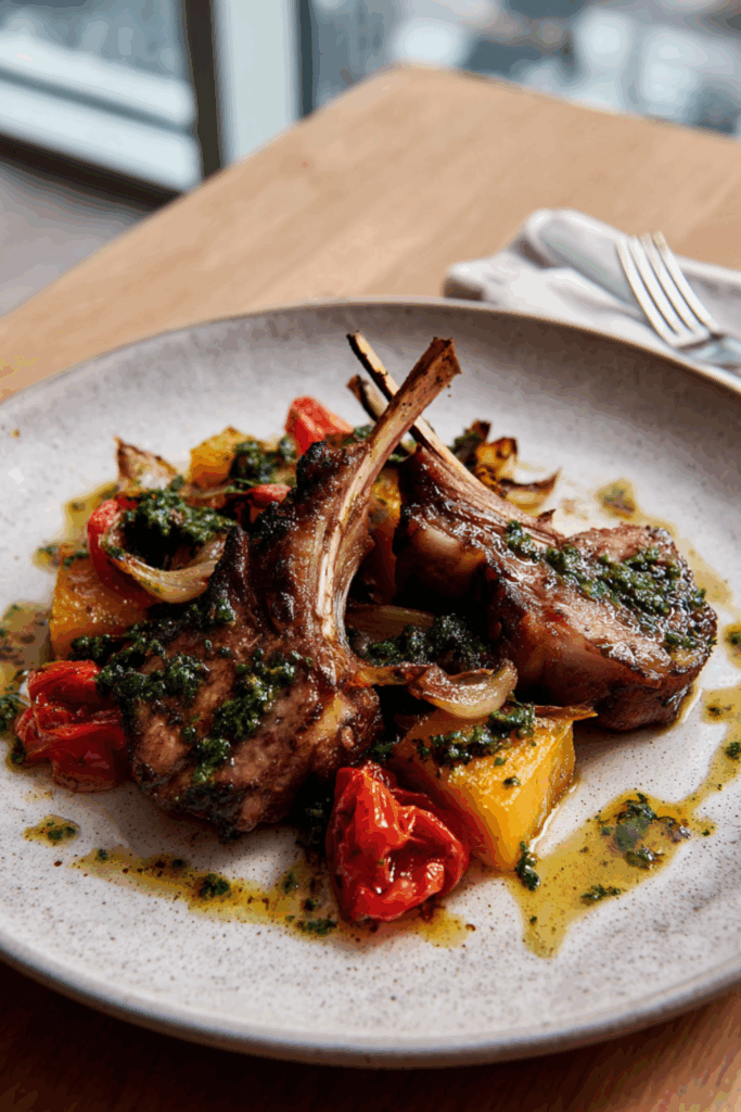 Marry Berry Rack of Lamb with Roasted Vegetables and Mint Dressing