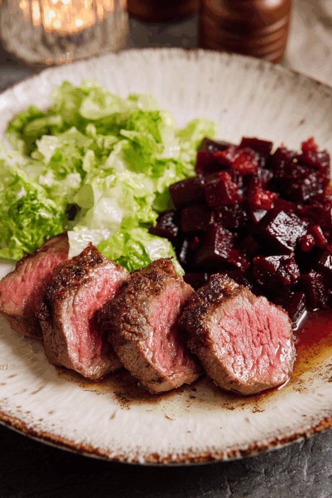 Marry Berry Venison Steaks With Glazed Beets And Little Gem Salad
