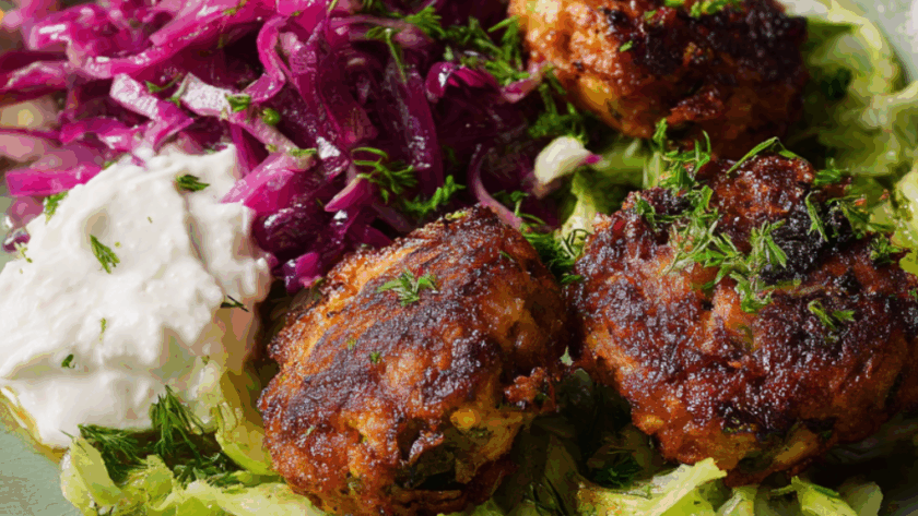 Marry Berry Falafel with Pickled Red Cabbage and Whipped Feta