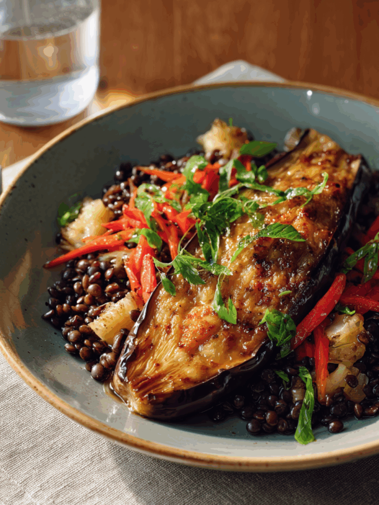 Marry Berry Miso Aubergine With Lentil And Veggie Stir-Fry