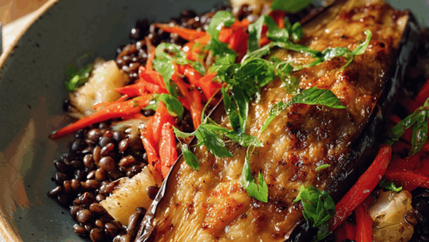 Marry Berry Miso Aubergine With Lentil And Veggie Stir-Fry