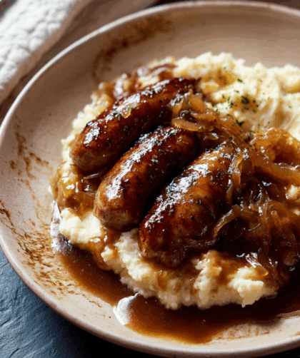 Marry Berry Sausage with Mustard Mash and Onion Gravy