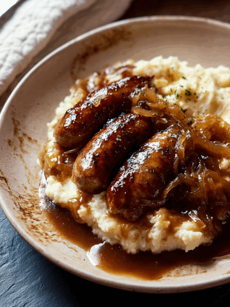 Marry Berry Sausage with Mustard Mash and Onion Gravy