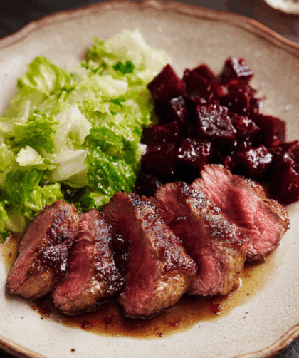 Marry Berry Venison Steaks With Glazed Beets And Little Gem Salad