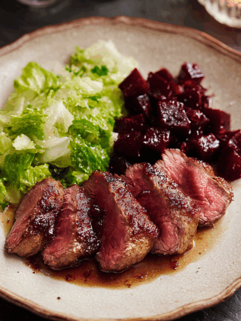 Marry Berry Venison Steaks With Glazed Beets And Little Gem Salad
