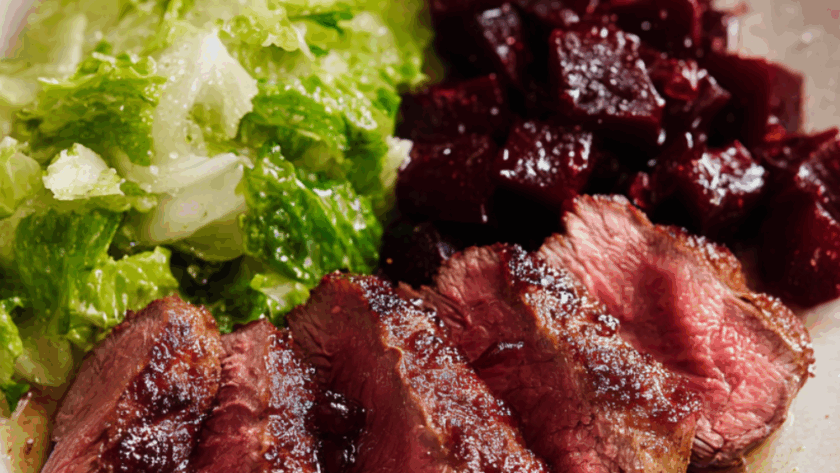 Marry Berry Venison Steaks With Glazed Beets And Little Gem Salad