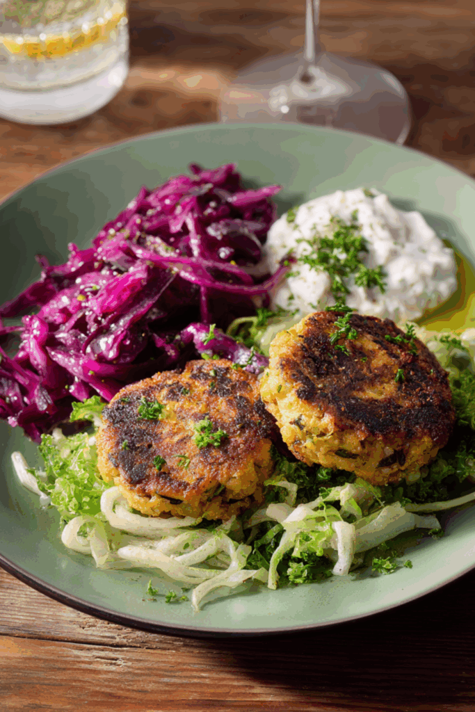 Marry Berry Falafel with Pickled Red Cabbage and Whipped Feta