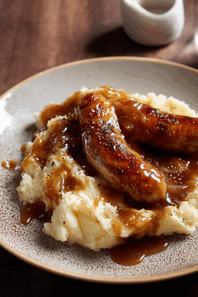 Marry Berry Sausage with Mustard Mash and Onion Gravy