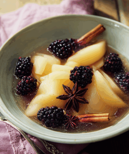 Marry Berry Spiced Poached Pears with Blackberry Compote