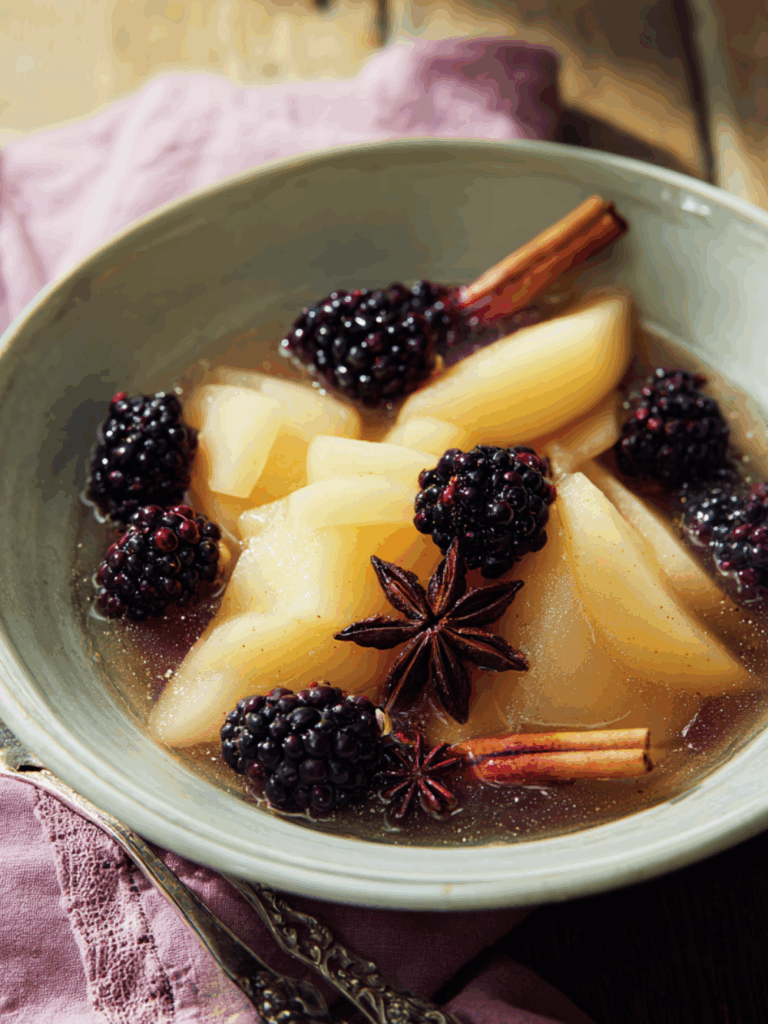 Marry Berry Spiced Poached Pears with Blackberry Compote