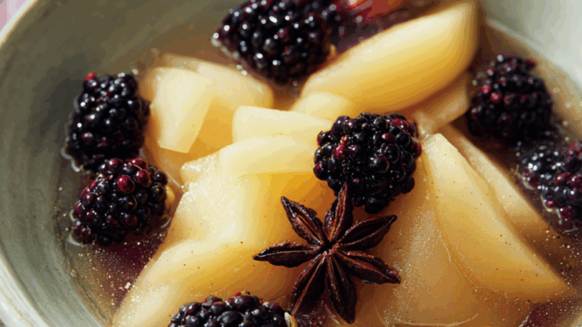 Marry Berry Spiced Poached Pears with Blackberry Compote